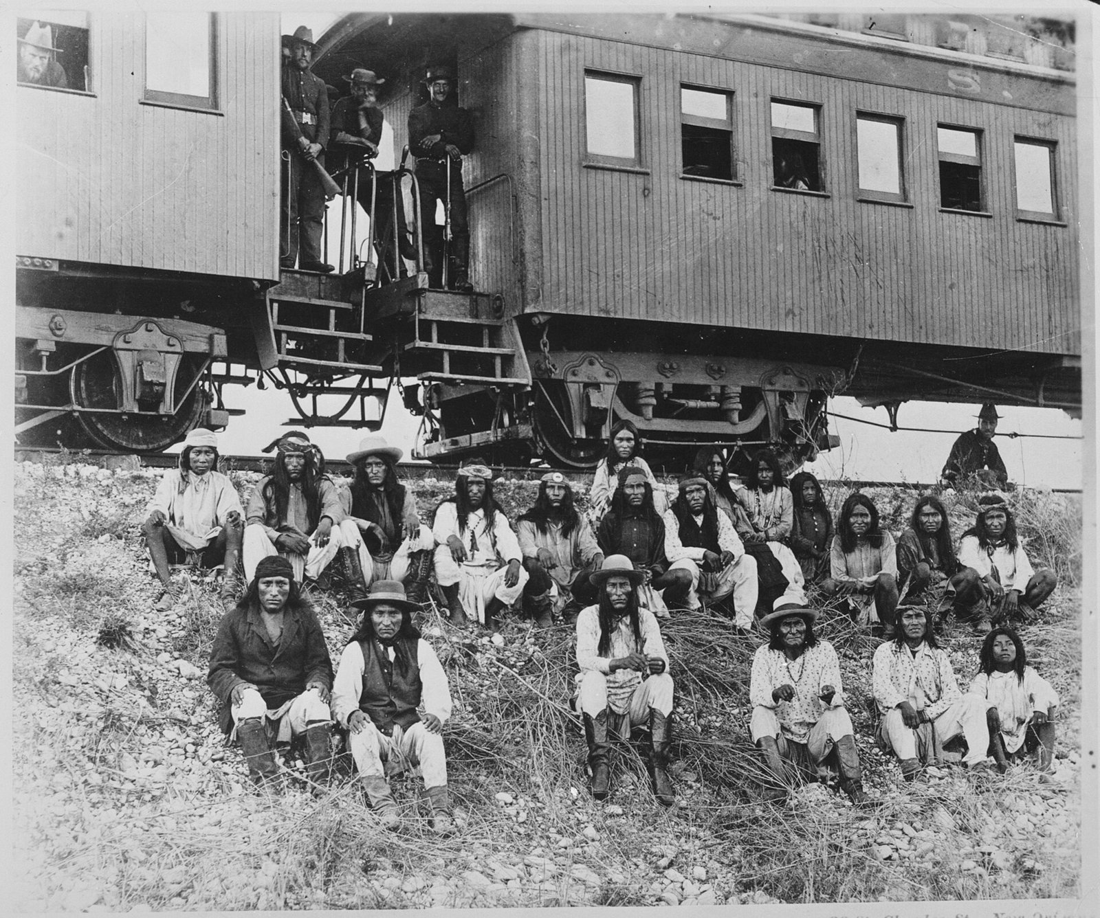 Geronimo's band of Chiricahua Apache prisoners, including women, at a rest stop near the Nueces River, Texas, on Septemb