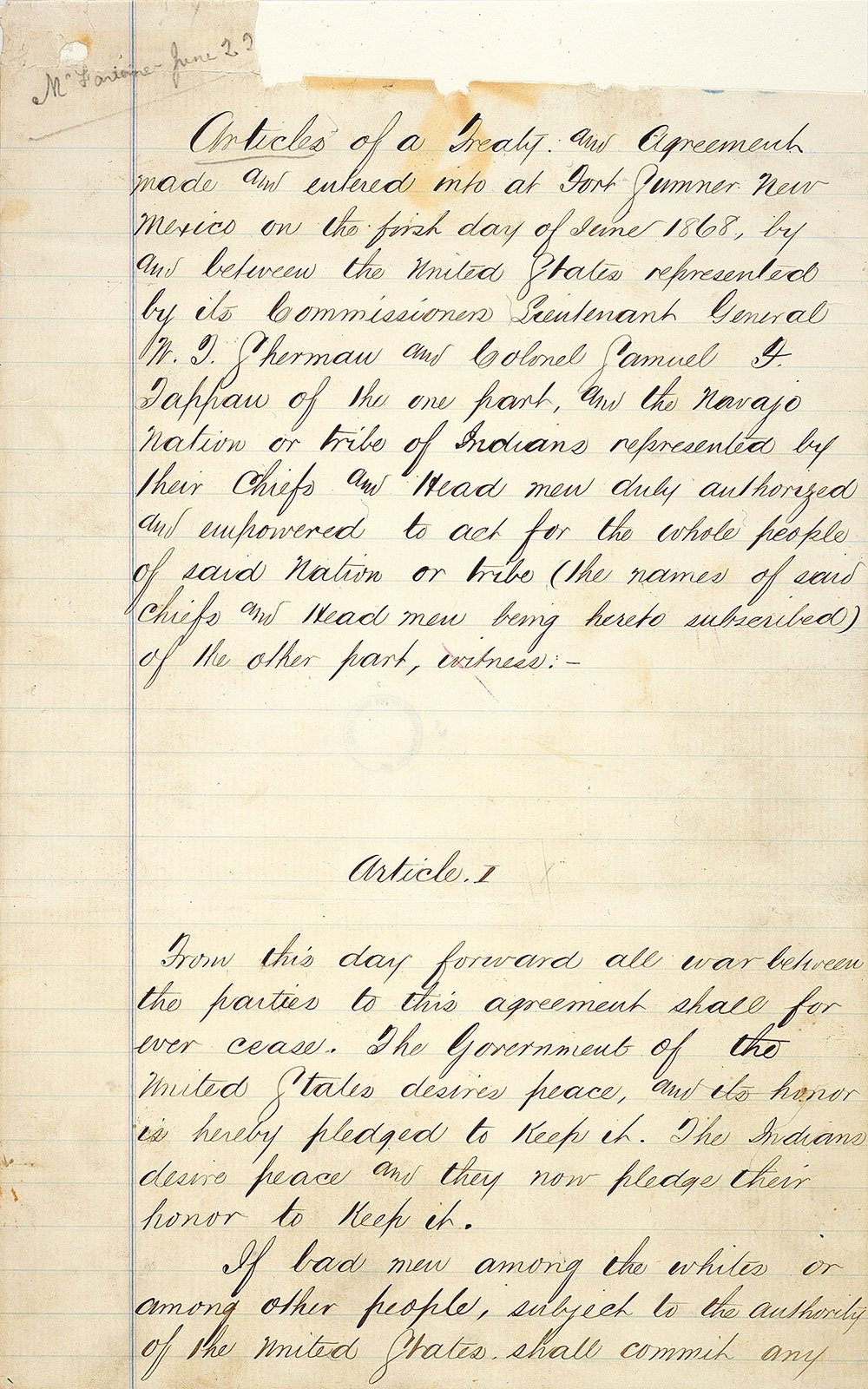 The first page of the Treaty of Bosque Redondo, signed June 1, 1868