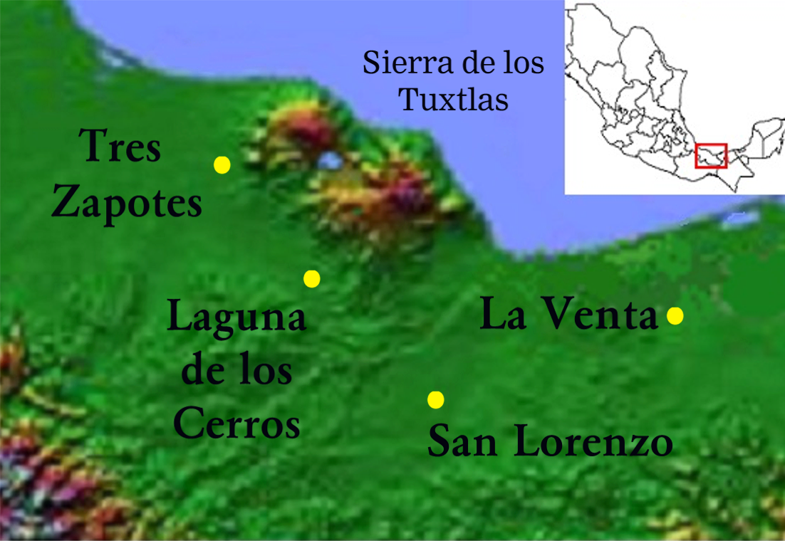 The Olmec heartland on the Gulf Coast of Mexico, showing San Lorenzo, La Venta and Tres Zapotes, three of the sites wher