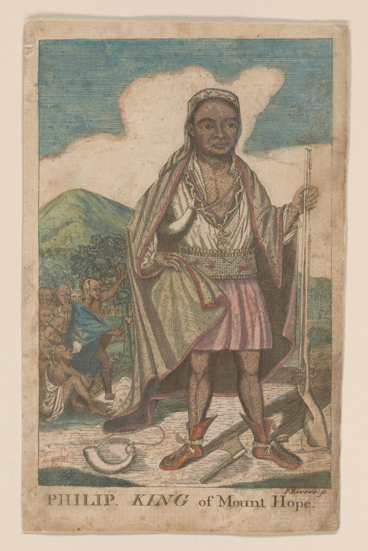 "Philip, King of Mount Hope," a hand-colored engraving by Paul Revere, published in 1772, nearly a century after Metacom