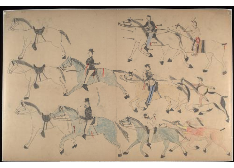 Lakota warriors chasing cavalry soldiers at the Little Bighorn, drawn in 1881 by Red Horse, a Lakota warrior who fought
