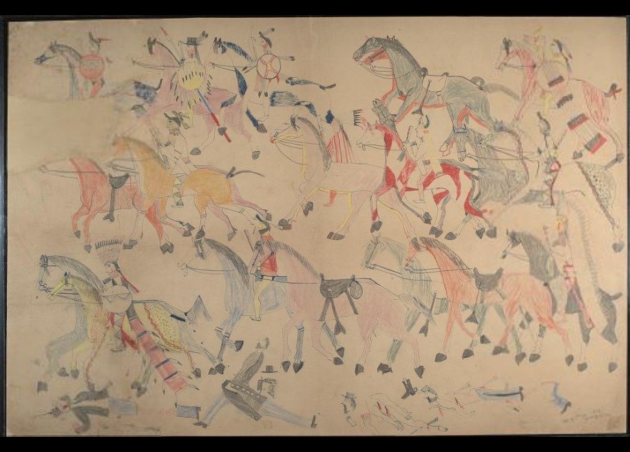 Red Horse's drawing of Lakota and Cheyenne warriors in the battle, with fallen soldiers below