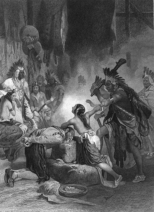 The legend of Pocahontas saving Captain John Smith, in a 19th-century engraving by Alonzo Chappel