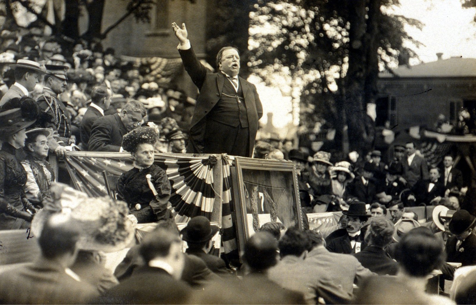 President William Howard Taft speaks at the unveiling of the Custer statue in Monroe, Michigan, in June 1910, with Eliza