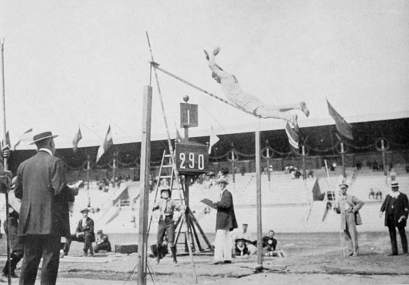 An athlete clears the bar during the 1912 Olympic decathlon in Stockholm
