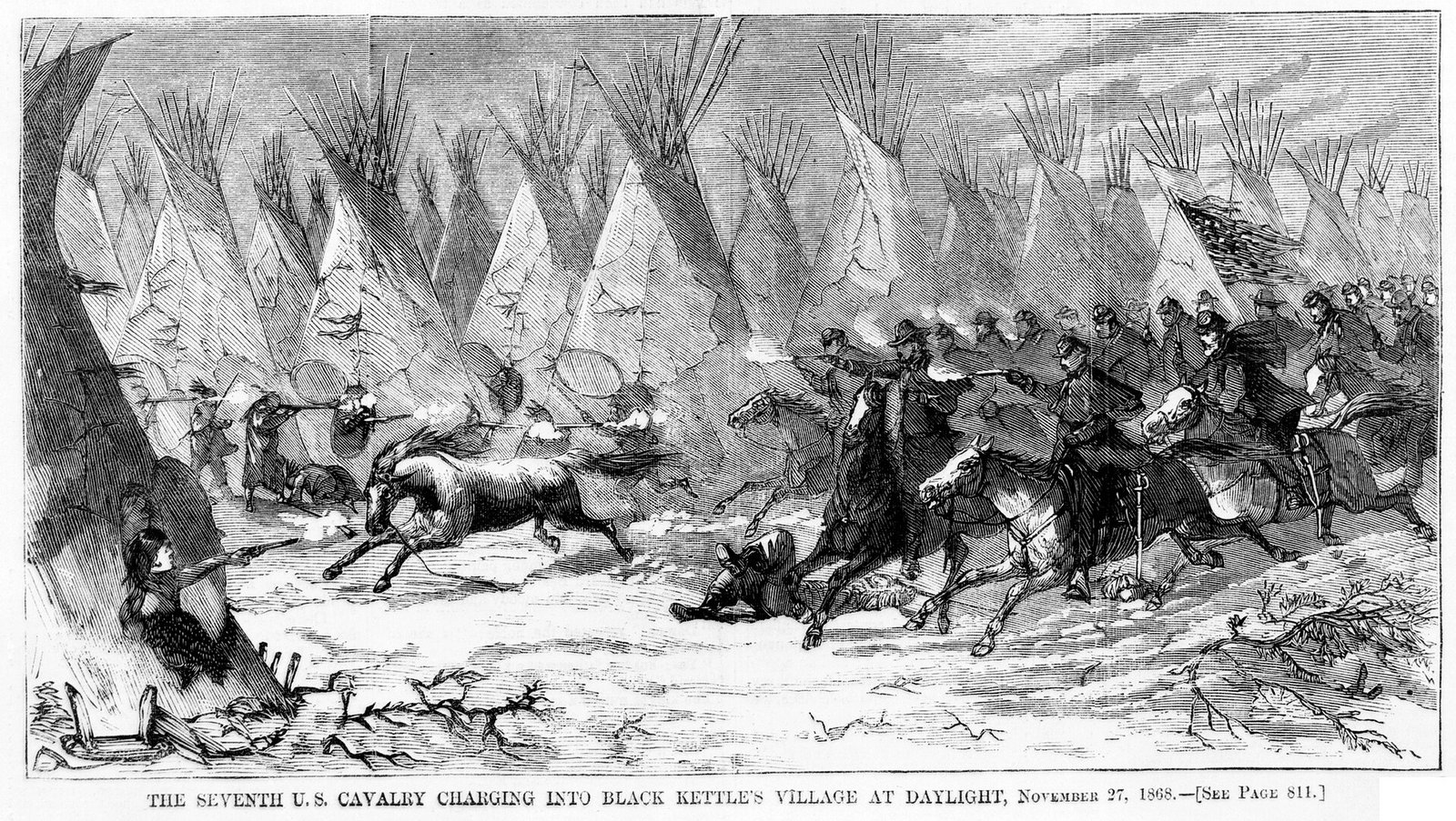 The 7th Cavalry charging into Black Kettle's village at daylight, November 27, 1868
