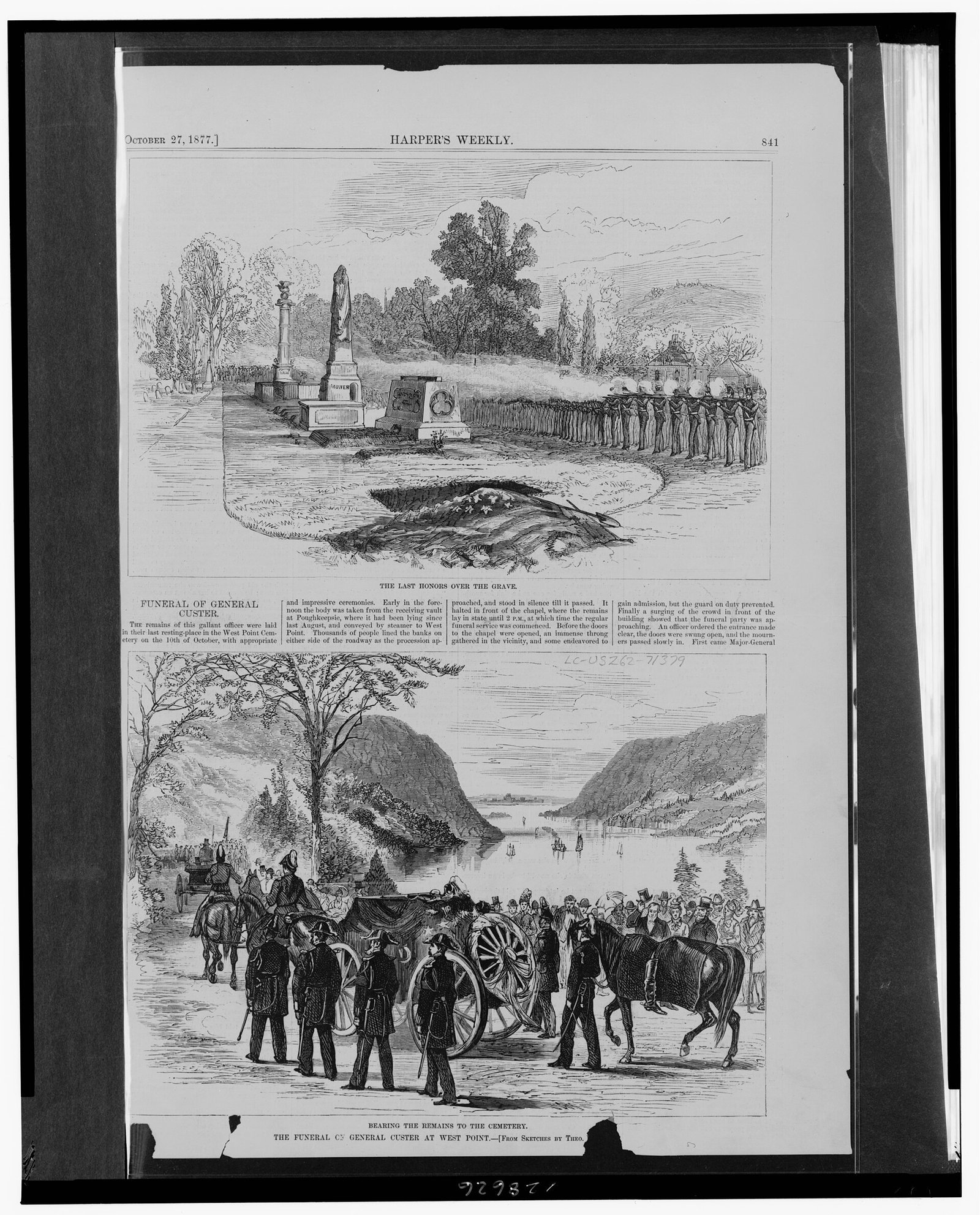 "The funeral of General Custer at West Point," from Harper's Weekly, October 27, 1877, showing the coffin carried to the
